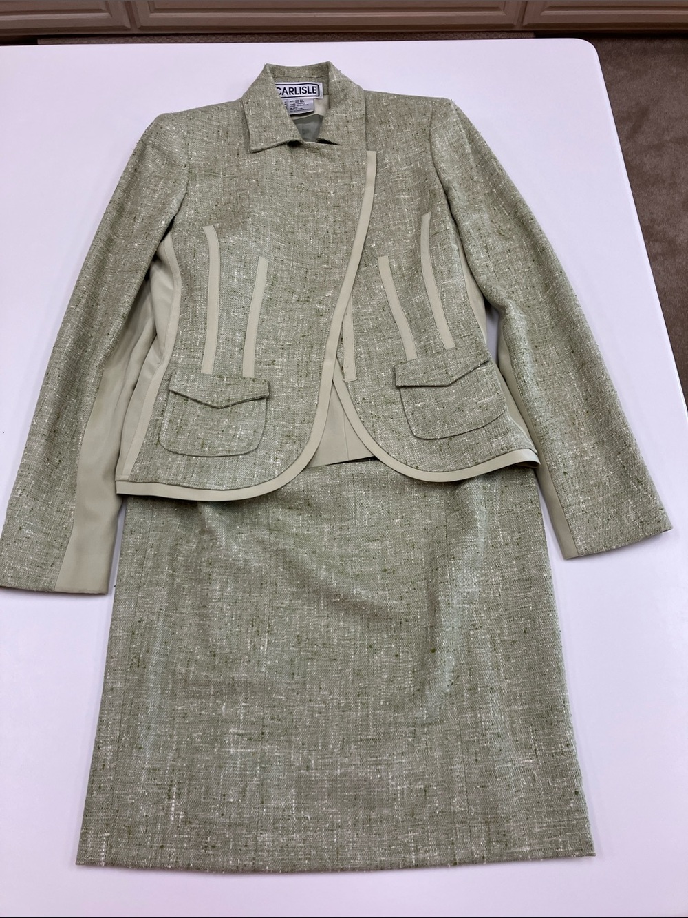 Carlisle Silk-Wool Sage Green Tweed Blazer and Skirt Set with Camisole